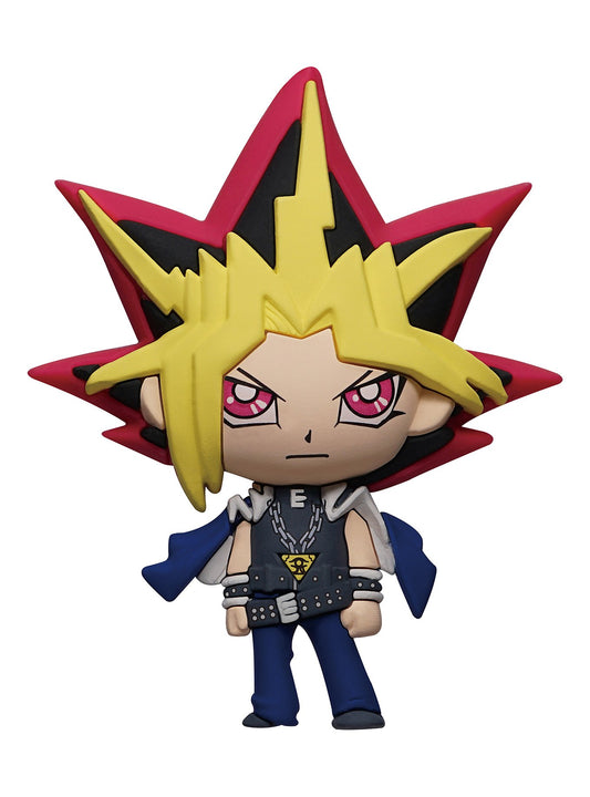 Animated character with spiky yellow hair and red and black star-shaped headpiece on a white background