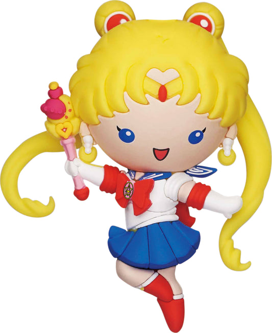 Toy figure of Sailor Moon with yellow hair and a wand on a white background