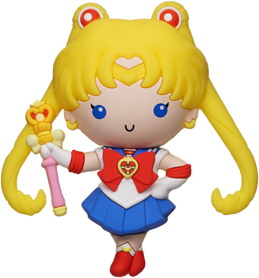 Toy figure of a character with blonde hair, blue eyes, and a red and white outfit holding a pink and yellow weapon on a white background.