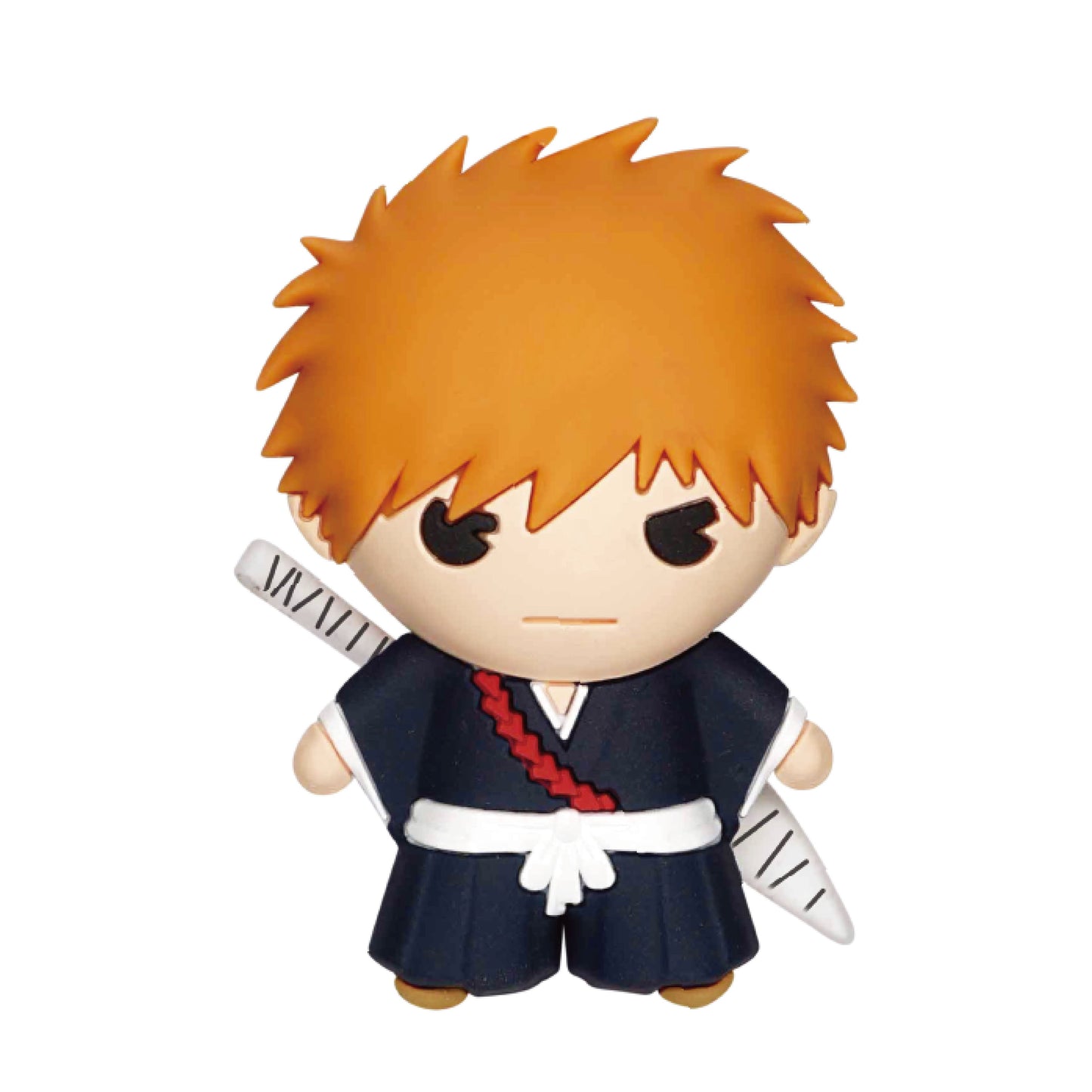 Toy figure of a character with orange hair and a sword on a white background