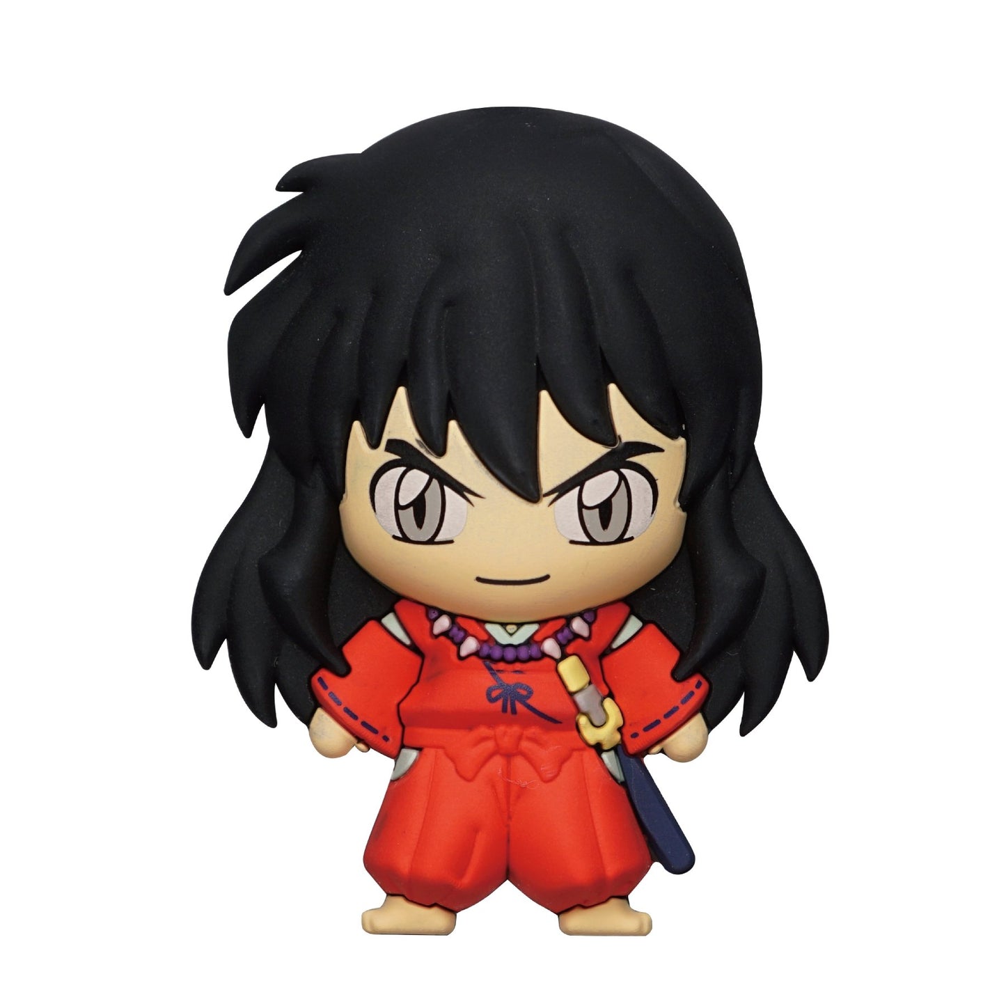 Toy figure with black hair and red outfit on a white background