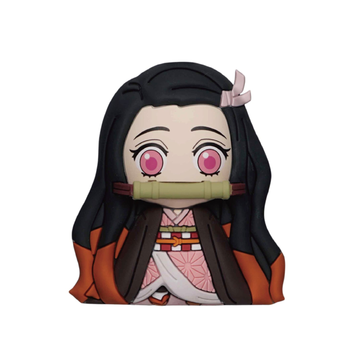 Anime character figurine with black hair and pink eyes on a white background