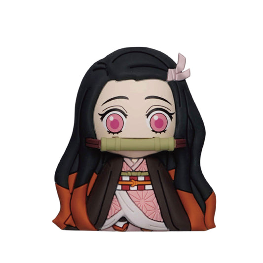 Anime character figurine with black hair and pink eyes on a white background