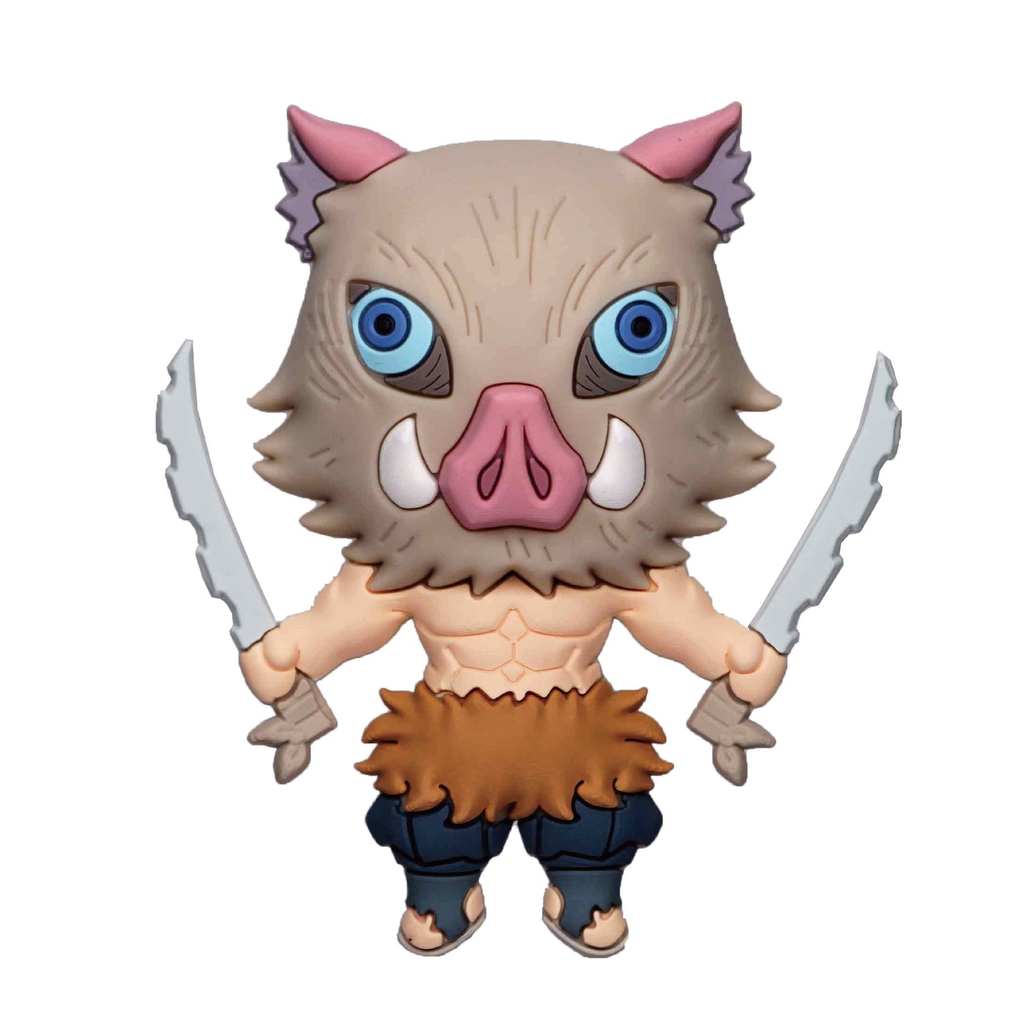 Trained boy wearing a bull mask and holding 2 edged swords. 