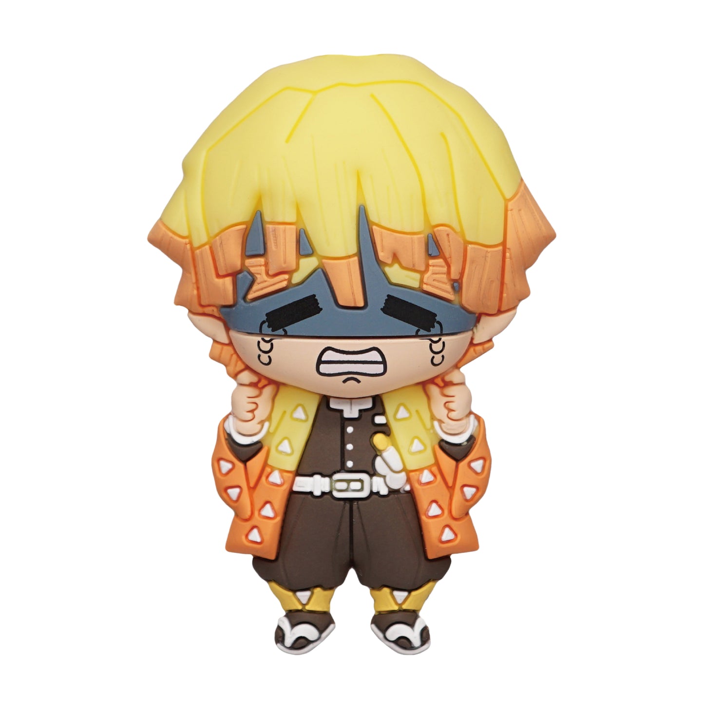 Toy figure with yellow hair and orange coat on a white background