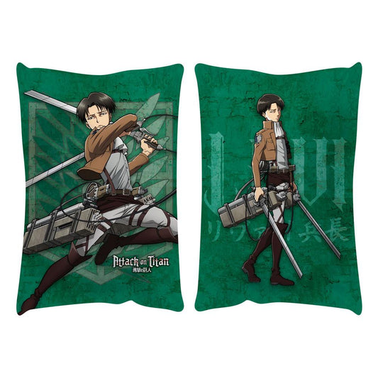 Two green pillows featuring anime characters with weapons on a white background