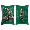 Two green pillows featuring anime characters with weapons on a white background