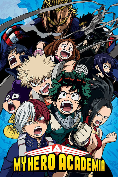 Group of animated characters from 'My Hero Academia' with dynamic poses against a blue background.