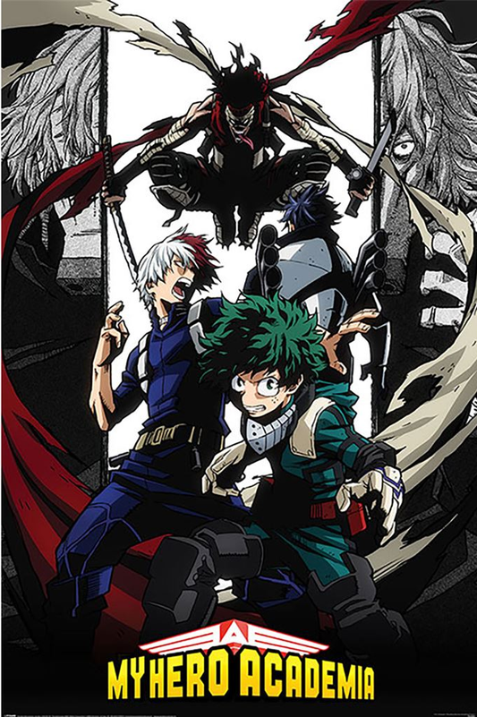 Promotional poster for 'My Hero Academia' featuring characters in action poses with the show's logo.