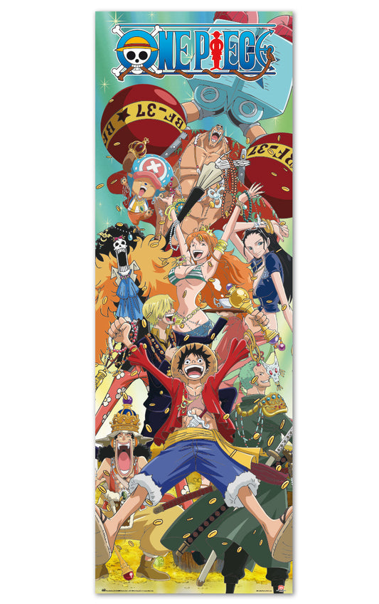 Collage of animated characters from 'One Piece' with colorful background