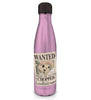 A metallic lavender-purple insulated water bottle with a black cap, featuring a vintage-style pirate 'WANTED' poster graphic on the front.