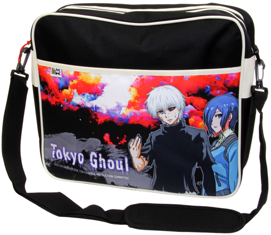 Messenger bag with 'Tokyo Ghoul' design featuring two characters against a colorful background.