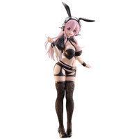 An anime-style collectible figure of a bunny-girl character wearing a black bunny headband, black bunny suit, and black thigh-high stockings, posed against a plain white background.