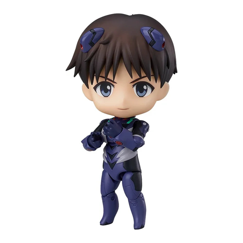 Nendoroid figure of Shinji Ikari in Langley Plugsuit from Rebuild of Evangelion, featuring detailed plugsuit and accessories, in collector packaging.