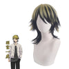 Black and yellow wig on a mannequin head with an anime character illustration below.