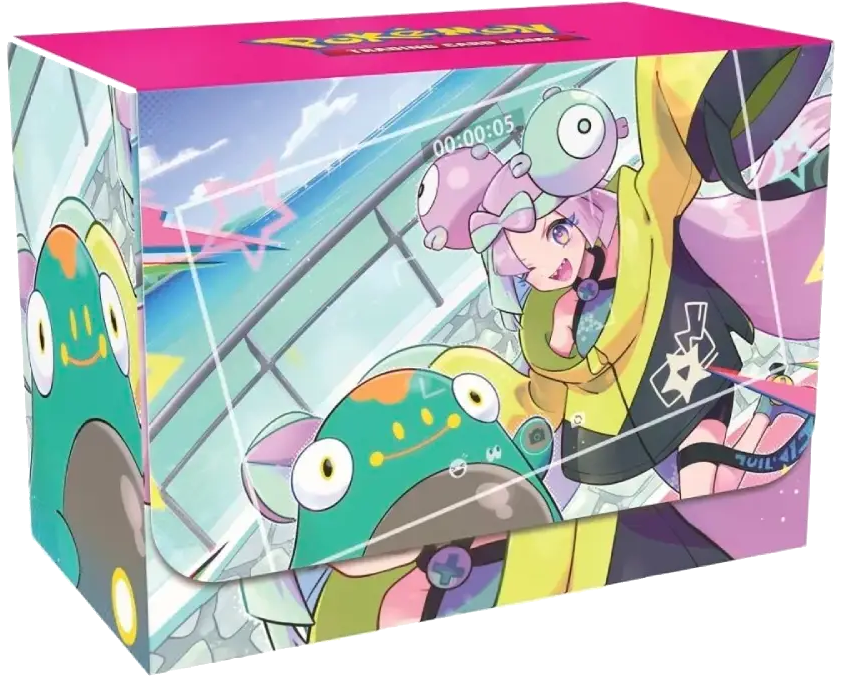 Iono-themed deck box featuring vibrant artwork of the Pokémon trainer Iono, designed for storing and protecting trading cards.