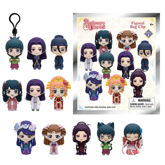 A set of chibi-style figural bag clips from The Apothecary Diaries, shown with the product packaging on a white background. The set includes multiple character bag clips in different outfits and colors, with the box displaying the character lineup and a choking hazard warning.