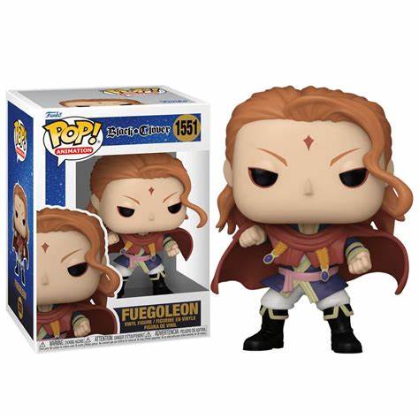 Funko Pop figure of Fuegoleon from Black Clover, featuring his flame-themed armor and confident pose, in collector packaging.