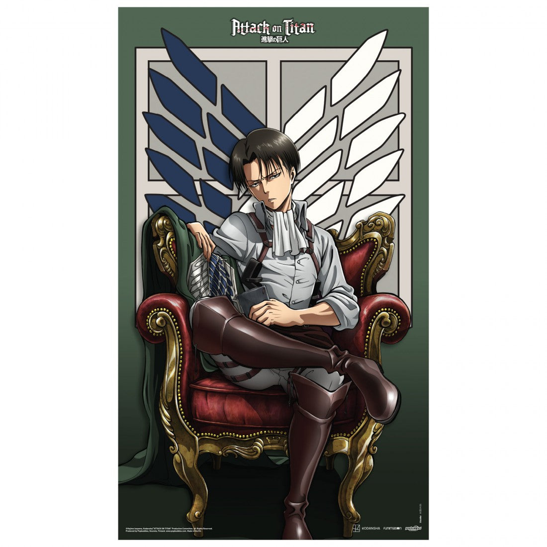 Fabric poster featuring Levi from Attack on Titan, showcasing him in a dynamic pose with his Survey Corps uniform and blades.
