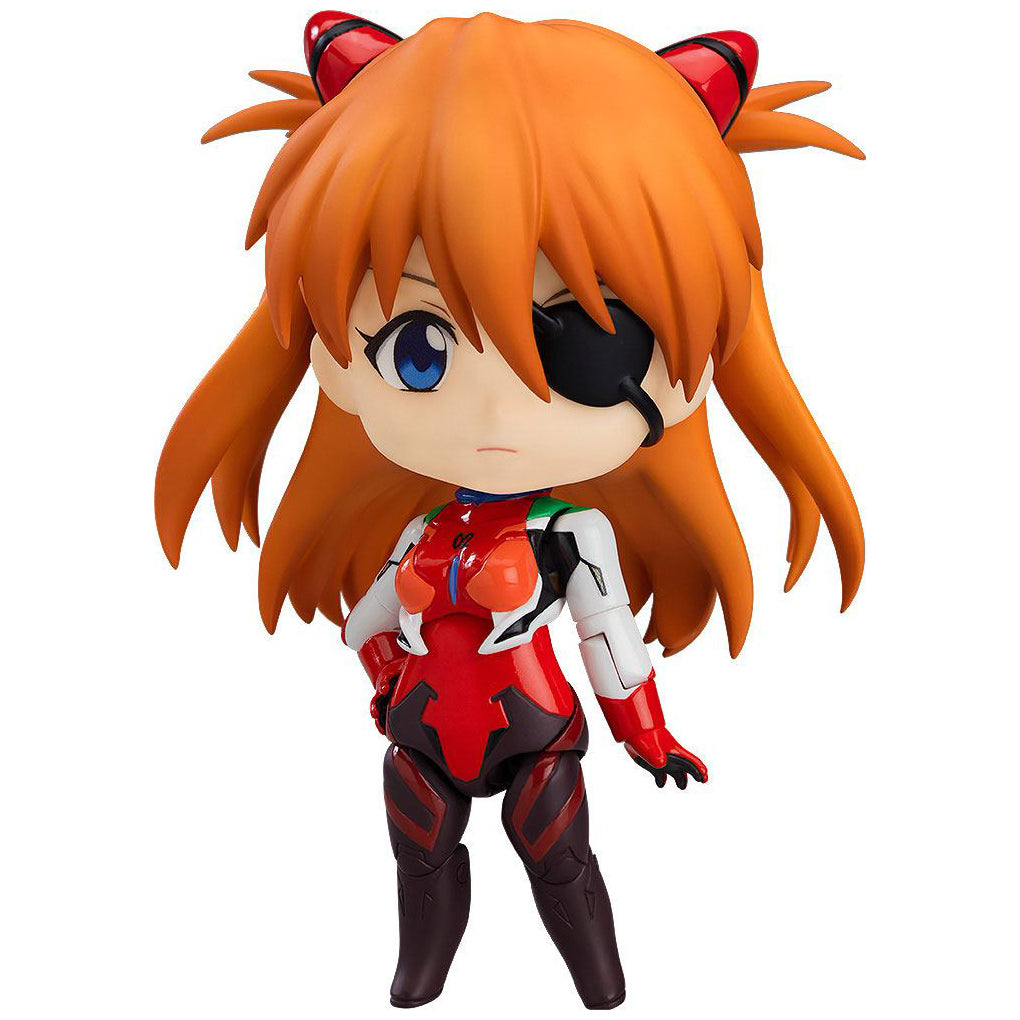 Nendoroid figure of Asuka Shikinami Langley in plugsuit from Rebuild of Evangelion, featuring detailed outfit and accessories, in collector packaging.
