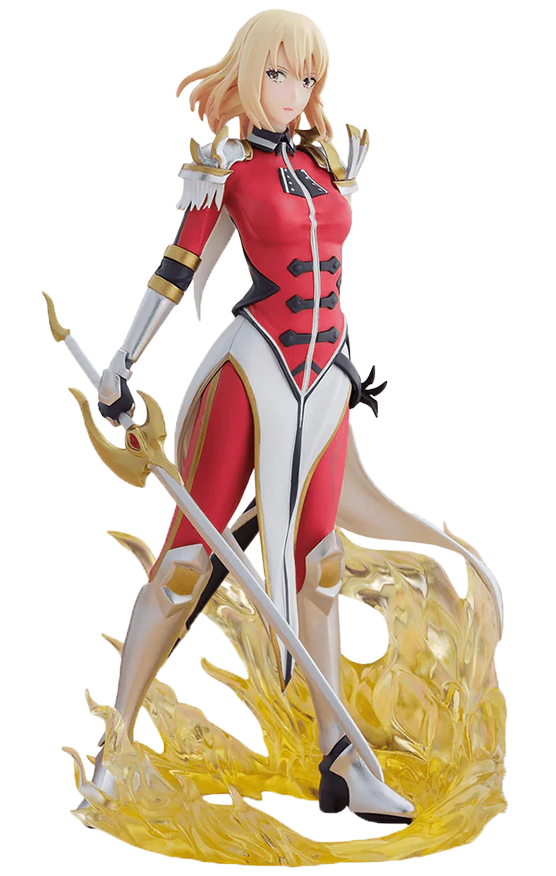 A detailed anime figurine of a blonde female warrior in a red, white, and black bodysuit, holding a large gold-colored sword and standing on a golden flame-like base against a plain white background.