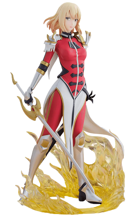 A detailed anime figurine of a blonde female warrior in a red, white, and black bodysuit, holding a large gold-colored sword and standing on a golden flame-like base against a plain white background.