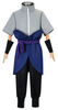 Gray and blue outfit with black pants on a mannequin against a white background