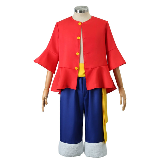 Colorful outfit on a mannequin with red top, blue pants, and yellow accents on a white background