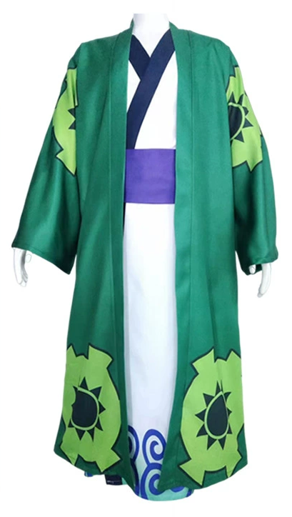 Green and white robe with floral patterns on a mannequin against a white background
