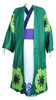 Green and white robe with floral patterns on a mannequin against a white background