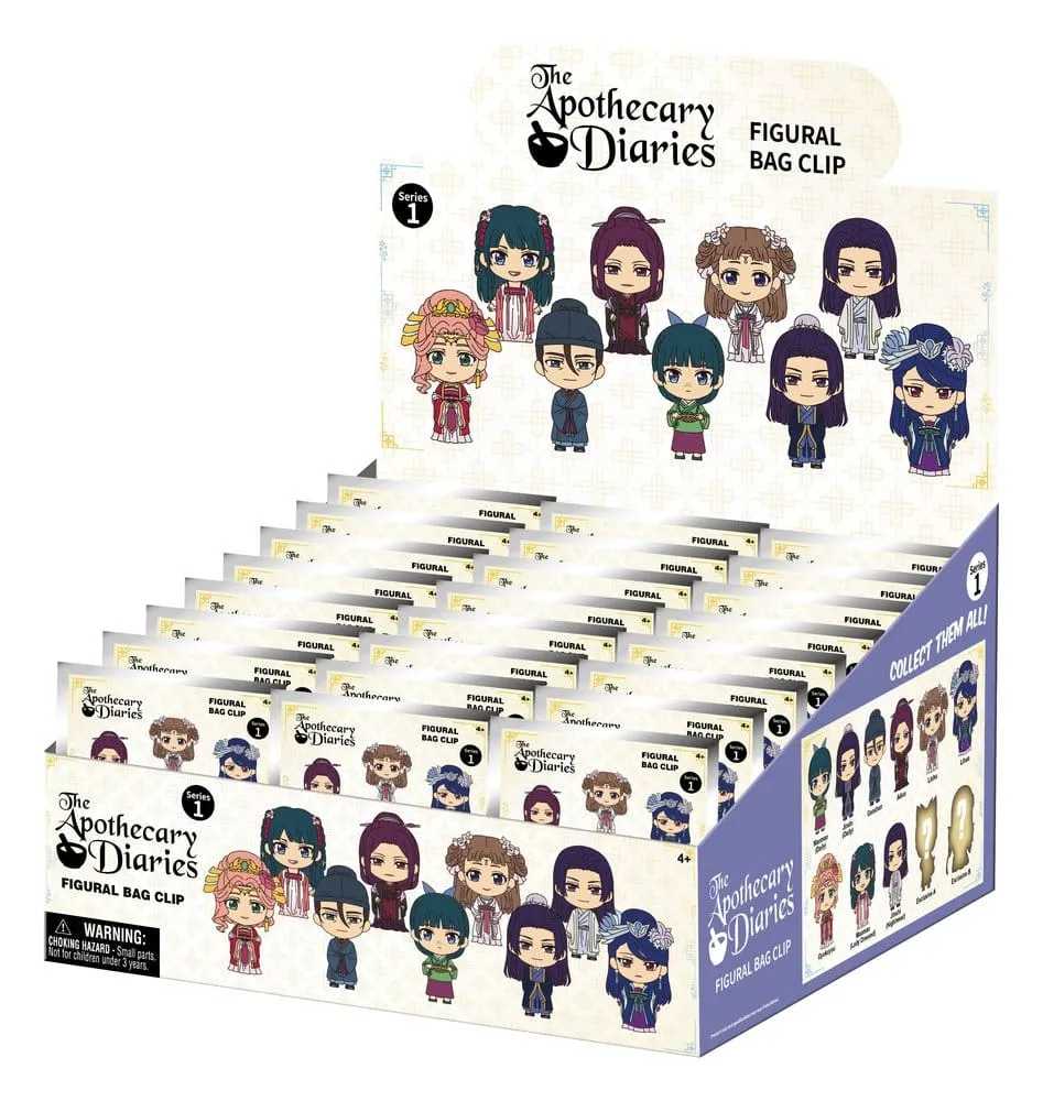 Display of 'The Apothecary Diaries' figurine bag clips with character illustrations on a white background.