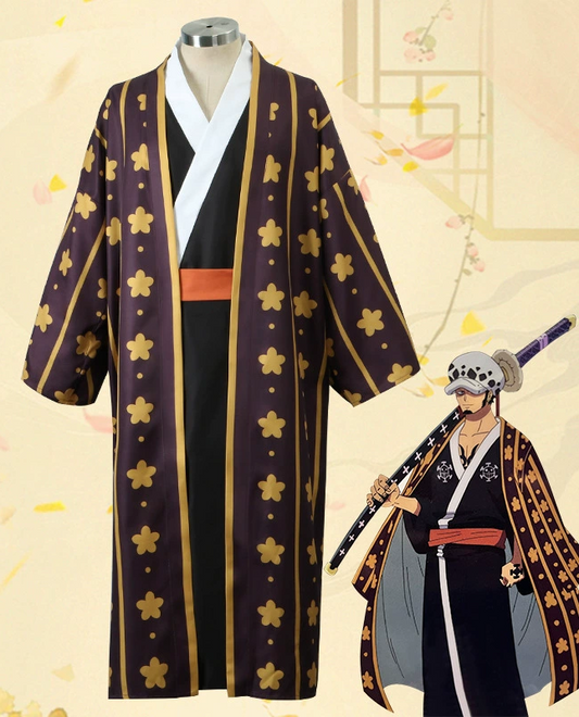 Traditional Japanese kimono with gold floral patterns on a mannequin, with an illustration of a person wearing it.
