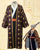 Traditional Japanese kimono with gold floral patterns on a mannequin, with an illustration of a person wearing it.