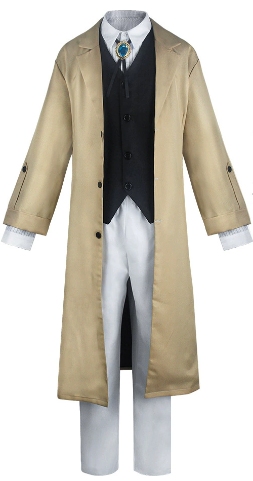 Vintage-style suit with beige overcoat, black vest, and white pants on a white background