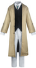 Vintage-style suit with beige overcoat, black vest, and white pants on a white background