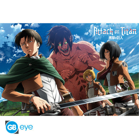 Promotional poster for 'Attack on Titan' with characters and blue sky background
