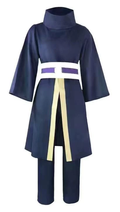 Navy blue costume with white and beige accents on a white background