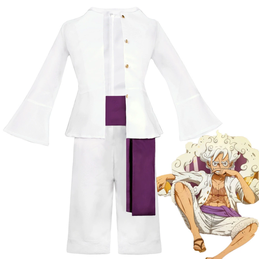White and purple costume with an anime character illustration on a white background