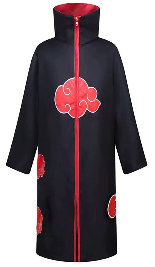 Black coat with red cloud symbols on a white background