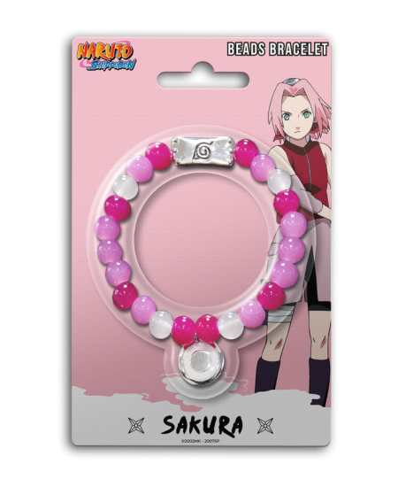 A Naruto Sakura beaded bracelet in its original pink retail blister packaging, featuring pink and white beads with a silver metal Naruto leaf symbol clasp.