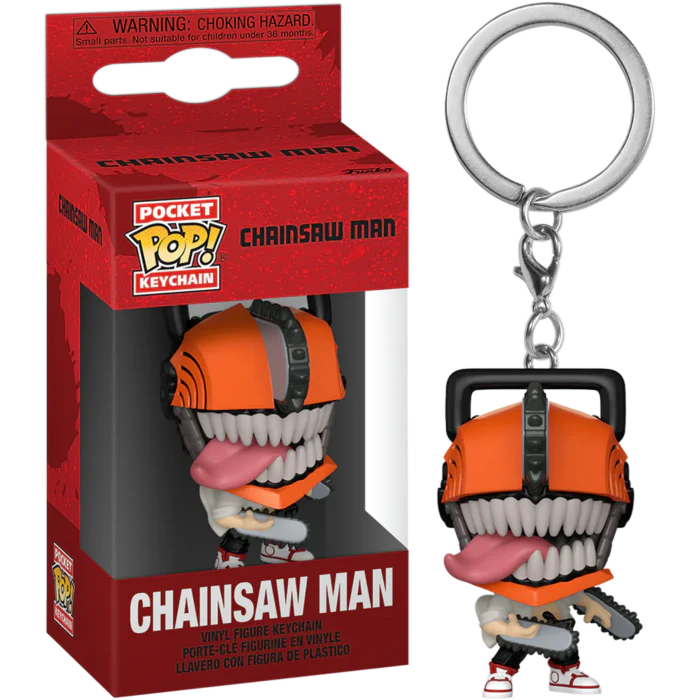 Chainsaw Man keychain with packaging featuring Pocket Pop! branding.