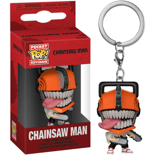 Chainsaw Man keychain with packaging featuring Pocket Pop! branding.