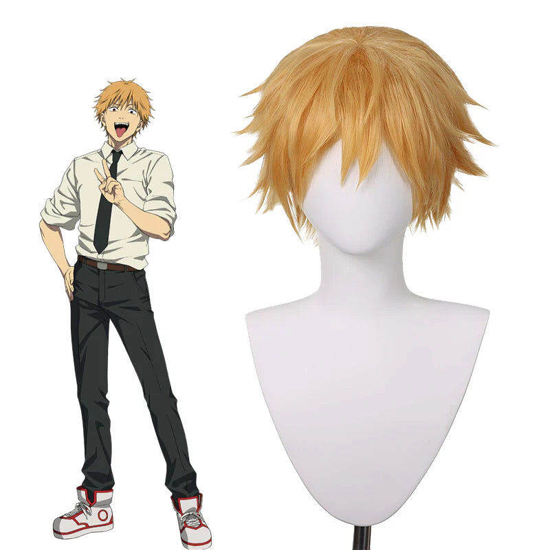 Brown short wig from an anime male character with white shirt and black trousers. 