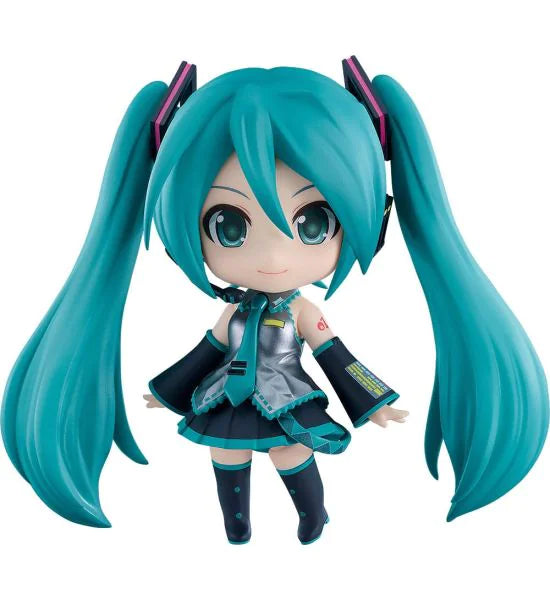 A chibi-style vinyl figure of Hatsune Miku with long turquoise twin tails, a black and teal outfit, and dark boots, shown against a plain white background.