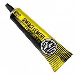 Tube of contact cement with a black and yellow design on a white background