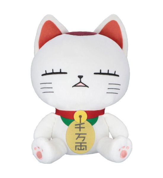 A white plush lucky cat toy with closed eyes, pink inner ears, a red collar, and a gold bell featuring Japanese characters, set against a plain white background.
