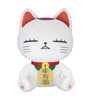 A white plush lucky cat toy with closed eyes, pink inner ears, a red collar, and a gold bell featuring Japanese characters, set against a plain white background.