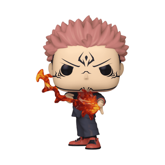 Funko Pop! vinyl figure of a character with spiky pink hair, black eyes, and a determined expression, holding a glowing orange and red energy effect in front of him. The figure is dressed in a dark gray outfit with orange shoes, set against a plain white background.