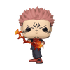 Funko Pop! vinyl figure of a character with spiky pink hair, black eyes, and a determined expression, holding a glowing orange and red energy effect in front of him. The figure is dressed in a dark gray outfit with orange shoes, set against a plain white background.