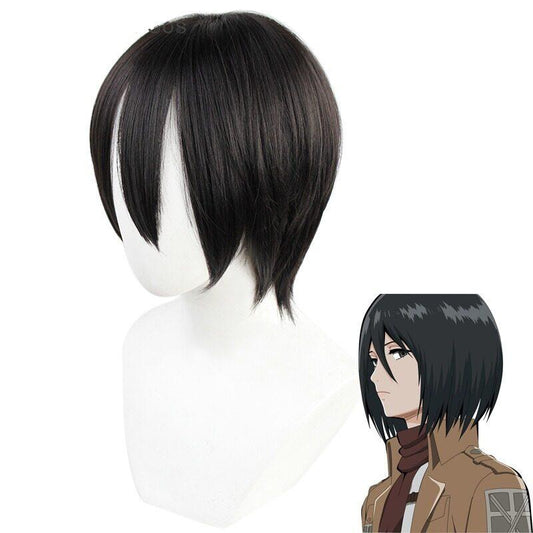 Black wig on a mannequin head with an anime character wearing the wig in the background